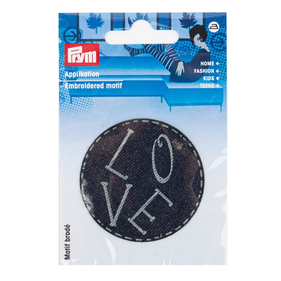 Applikation LOVE gelasert selbstklebend/aufbügelbar Jeansstoff blau 60mm von Prym