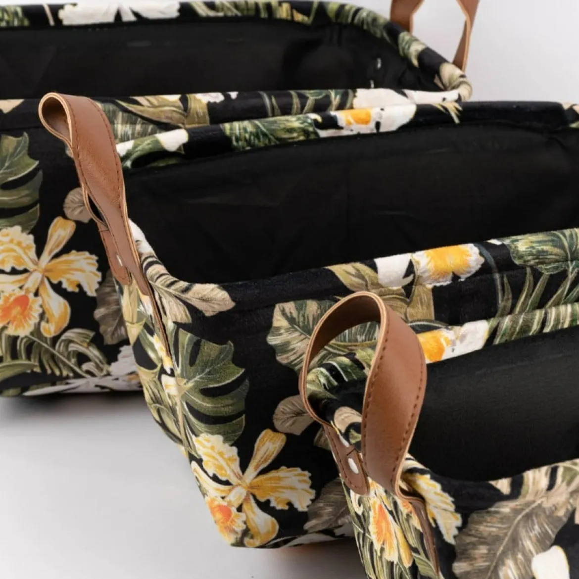 Aufbewahrungskörbe Samt Exotik Orchidee und Blätter dunkelblau grün 3er Set