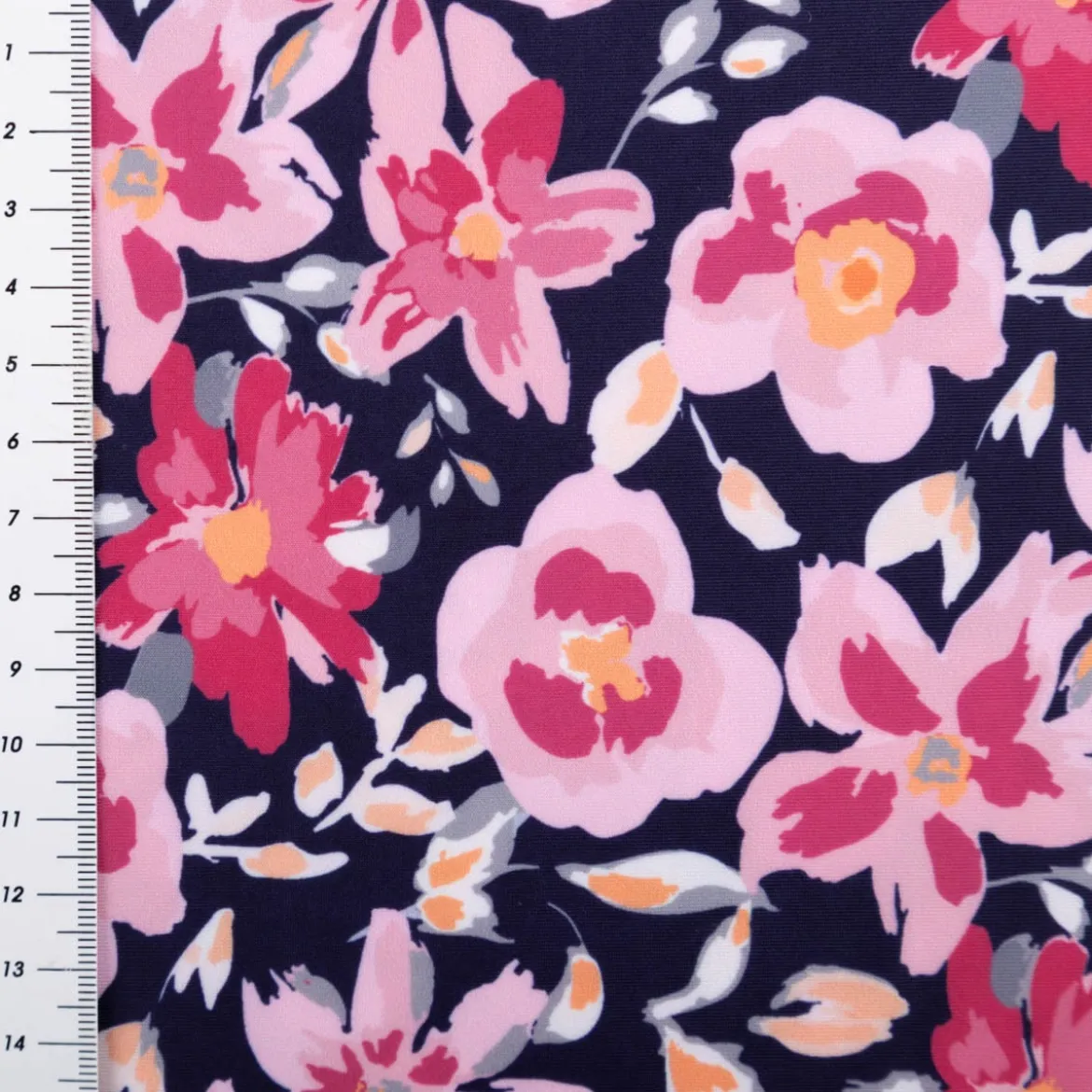 Badeanzugstoff UPF 50 bi-elastisch recycelt Blüten rosa dunkelblau 1,50m Breite
