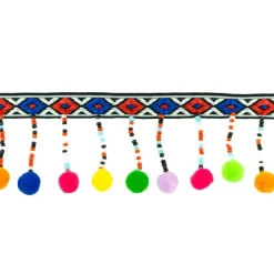 Band Webband Inka mit hängenden Perlen und Bommel Kunststoff bunt Breite: 5cm