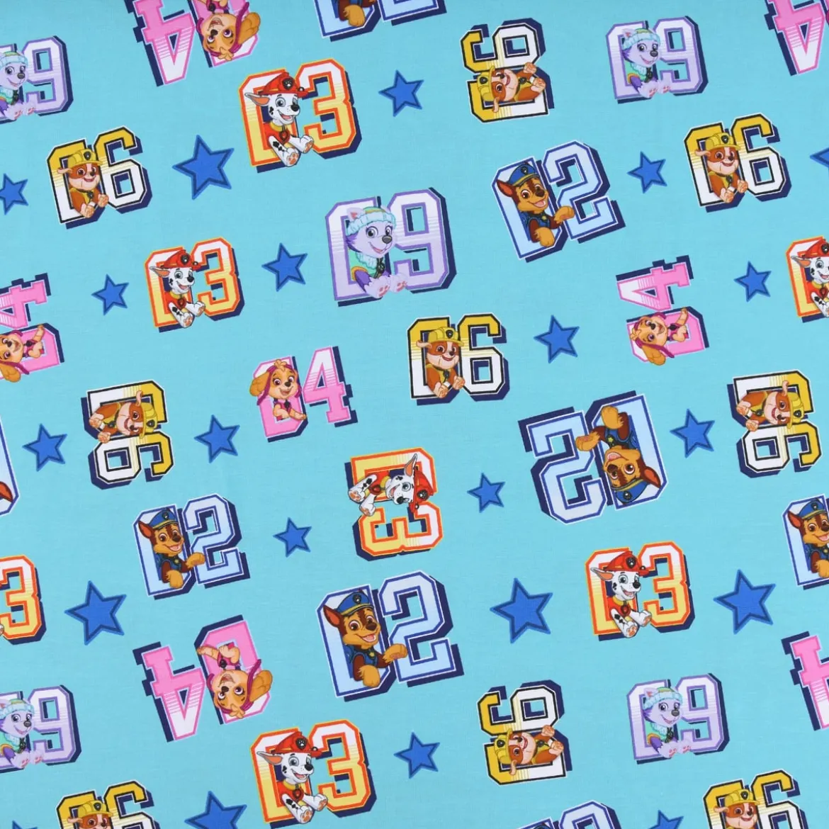 Baumwolljersey Digitaldruck Paw Patrol Startnummer Sterne türkis bunt 1,5m Breite