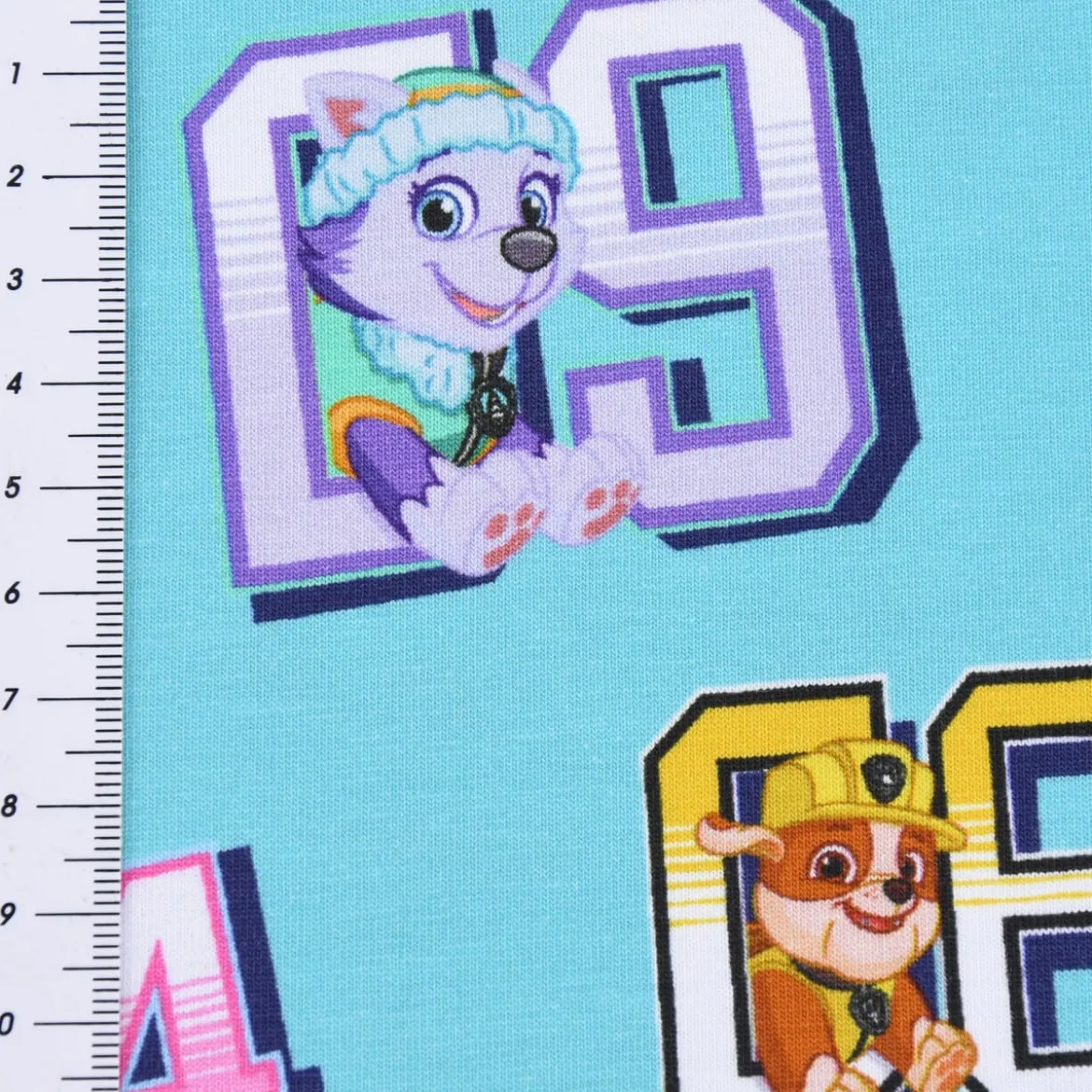 Baumwolljersey Digitaldruck Paw Patrol Startnummer Sterne türkis bunt 1,5m Breite