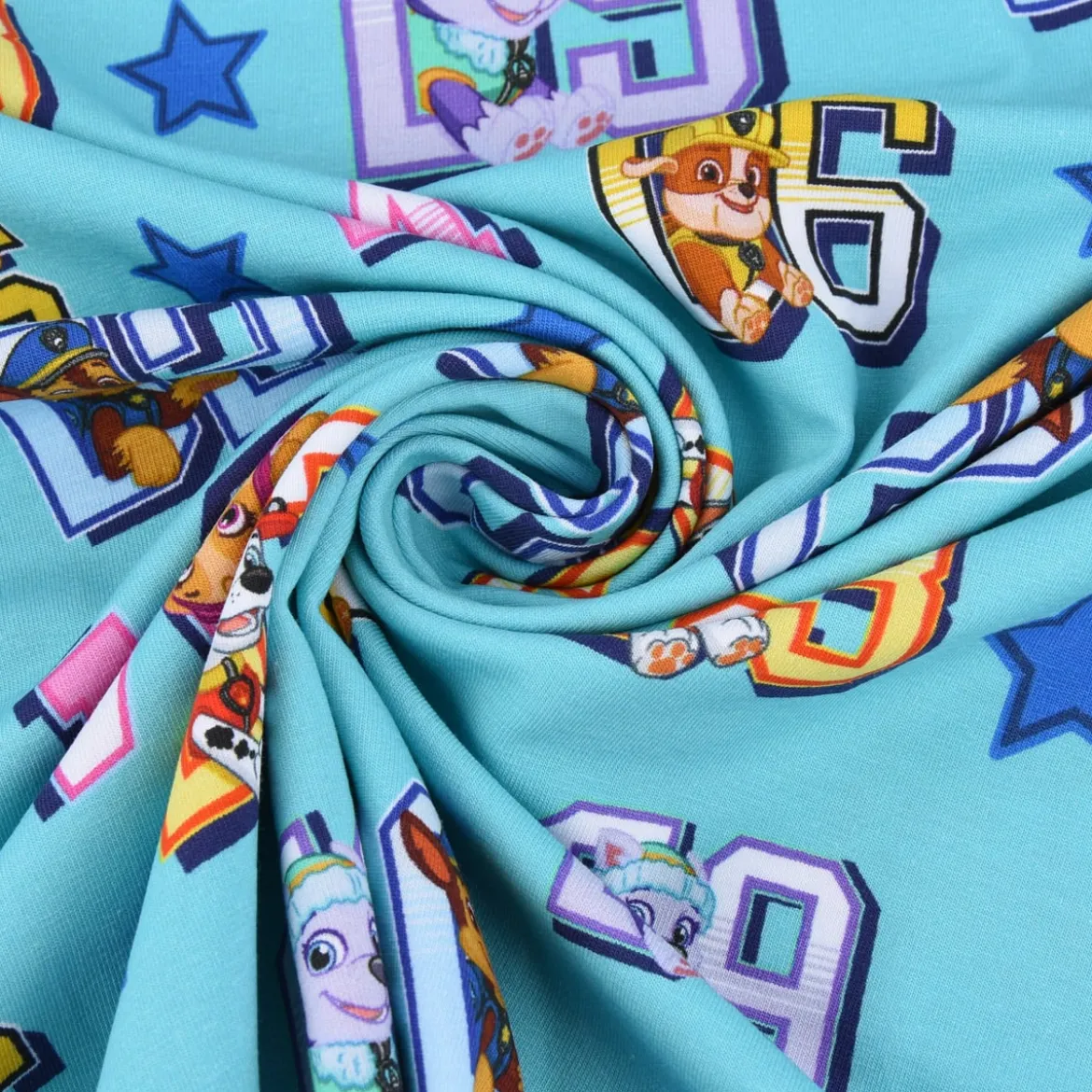 Baumwolljersey Digitaldruck Paw Patrol Startnummer Sterne türkis bunt 1,5m Breite
