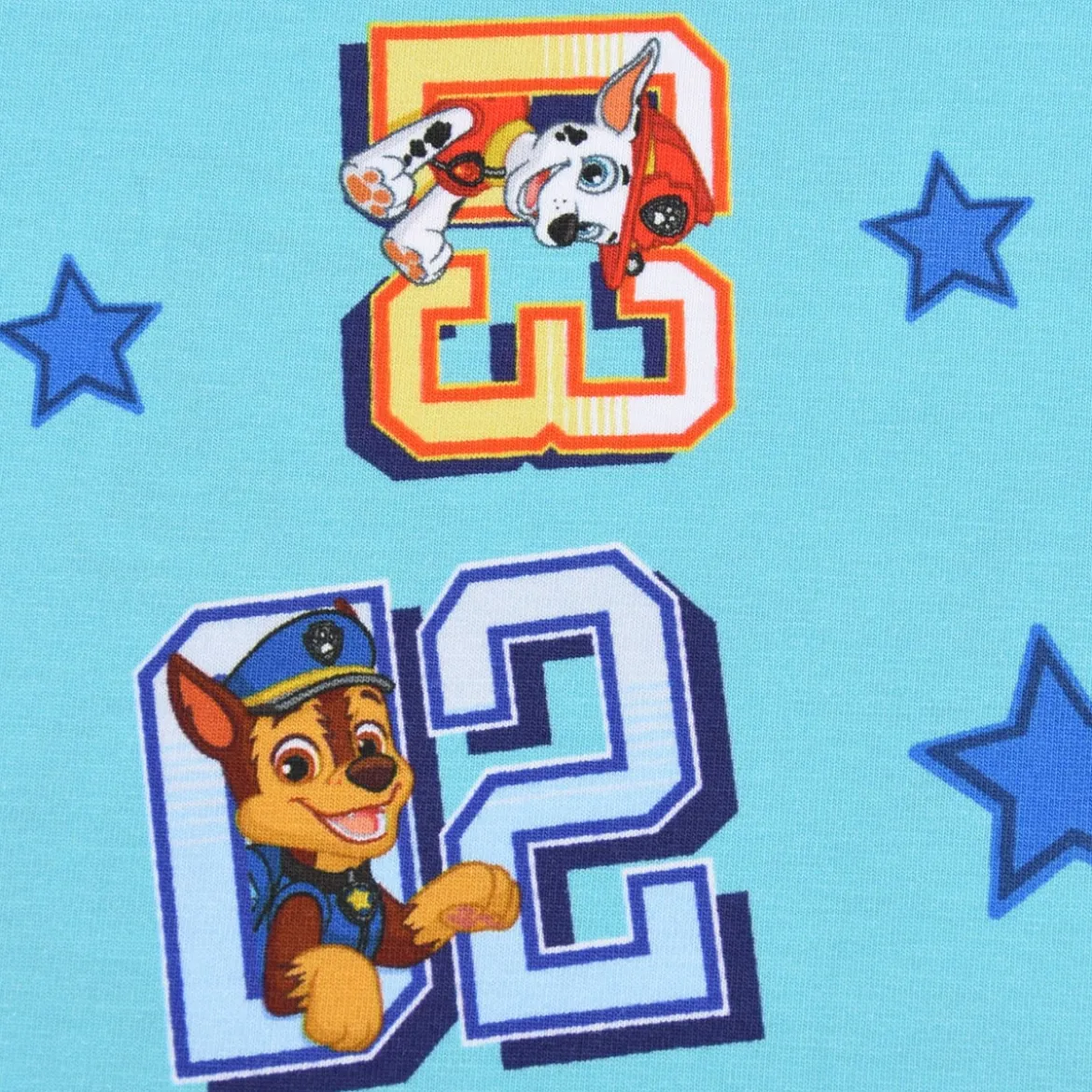 Baumwolljersey Digitaldruck Paw Patrol Startnummer Sterne türkis bunt 1,5m Breite