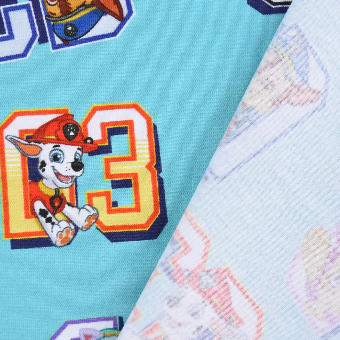 Baumwolljersey Digitaldruck Paw Patrol Startnummer Sterne türkis bunt 1,5m Breite