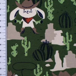 Baumwolljersey Jersey Cowboy Hase Bär Lasso grün beige braun 1,5m Breite