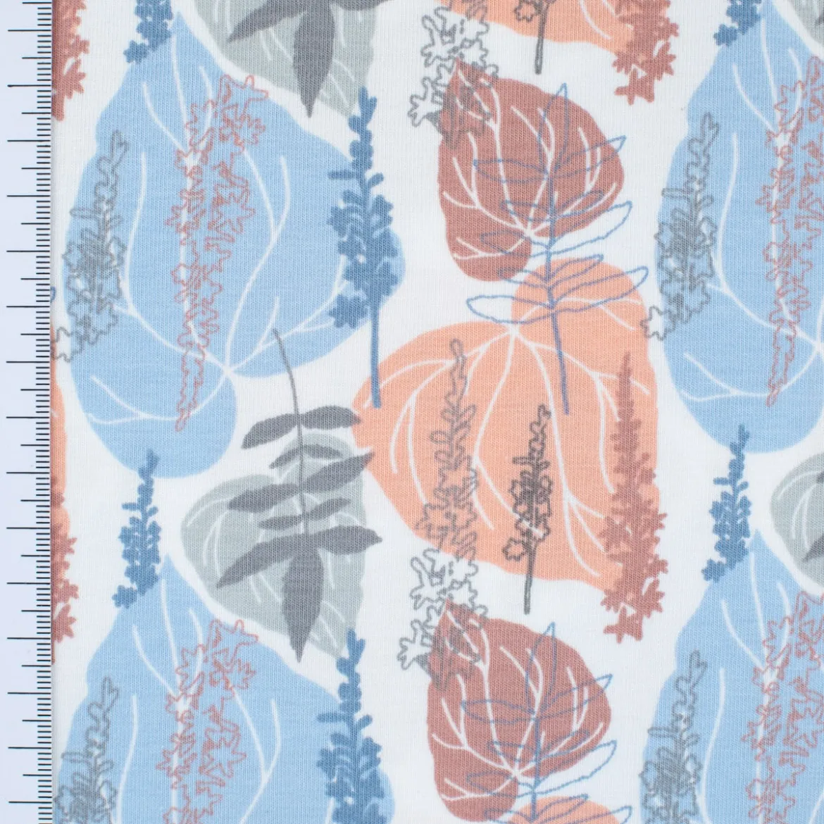Baumwolljersey Jersey ELVES Blätter Ranken weiß blau apricot grau 1,5m Breite