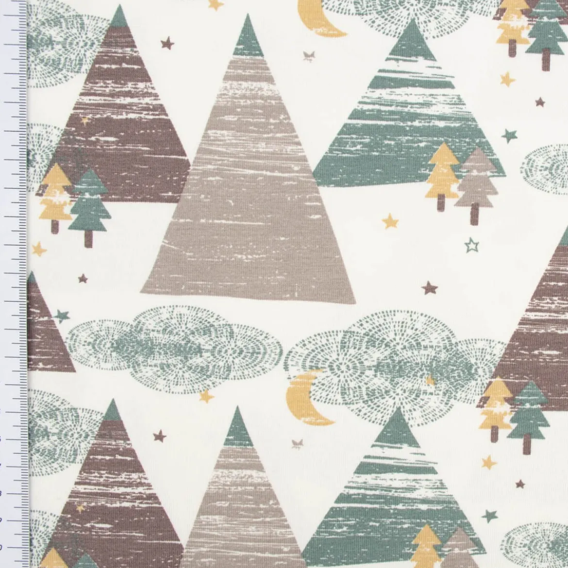 Baumwolljersey Jersey FORREST NIGHT grafische Bäume Sterne Mond wollweiß altgrün taupe 1,45m Breite