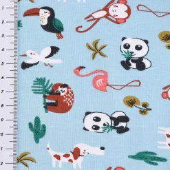 Baumwolljersey Jersey MATAHI Tiere Kaktus Blätter hellblau bunt 1,5m Breite