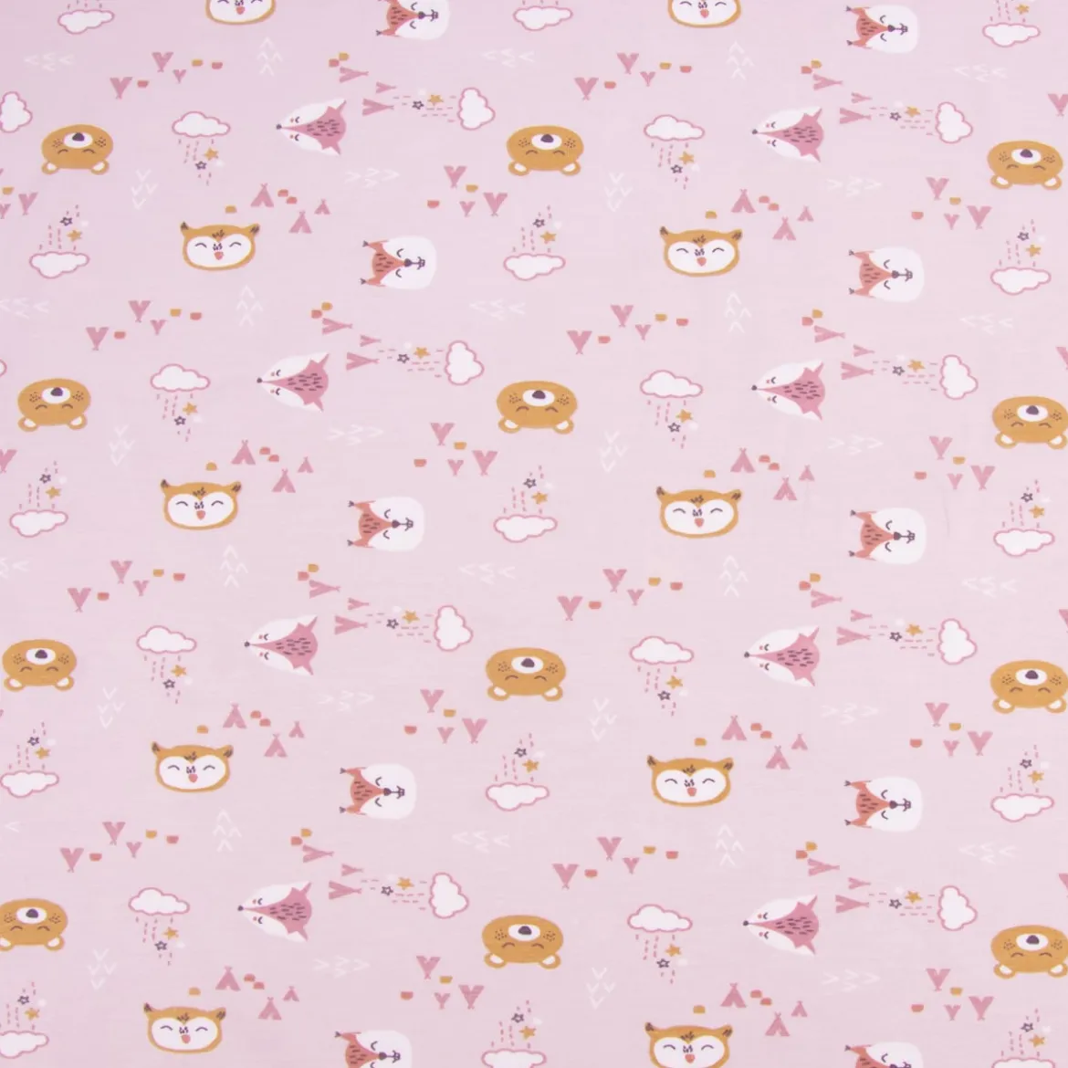 Baumwolljersey Jersey NITOYIS Bär Fuchs Eule rosa weiß ocker 1,5m Breite