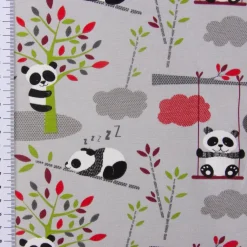 Baumwolljersey Jersey Pandas Schaukel Bäume grau grün rot 1,65m Breite