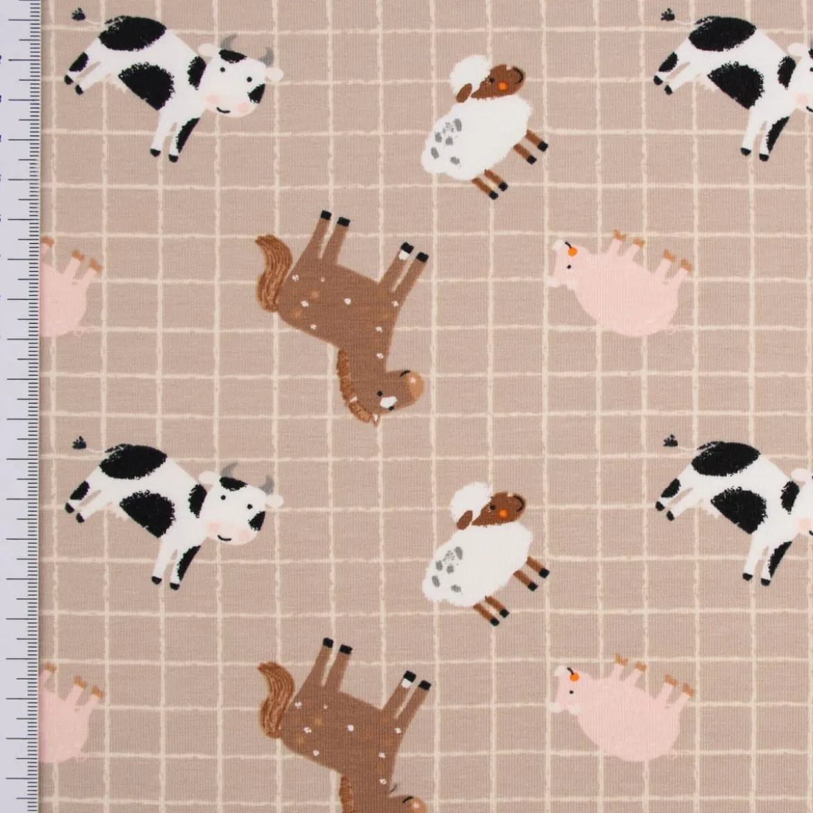 Baumwolljersey Jerseystoff Bauernhof Tiere Karos beige 1,50m Breite