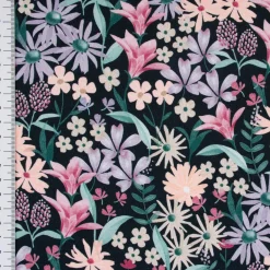 Baumwolljersey Jerseystoff Digitaldruck Blumen schwarz lila rosa grün 1,40m Breite