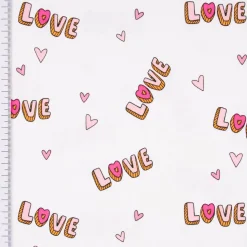 Baumwolljersey Jerseystoff NEON LOVE Schrift Herzchen weiß rosa pink 148cm Breite