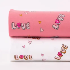 Baumwolljersey Jerseystoff NEON LOVE Schrift Herzchen weiß rosa pink 148cm Breite