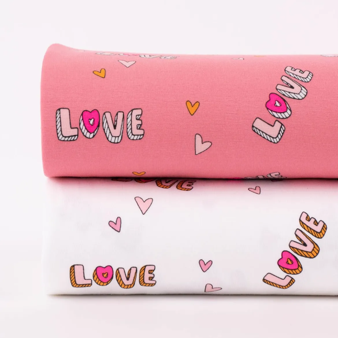 Baumwolljersey Jerseystoff NEON LOVE Schrift Herzchen weiß rosa pink 148cm Breite