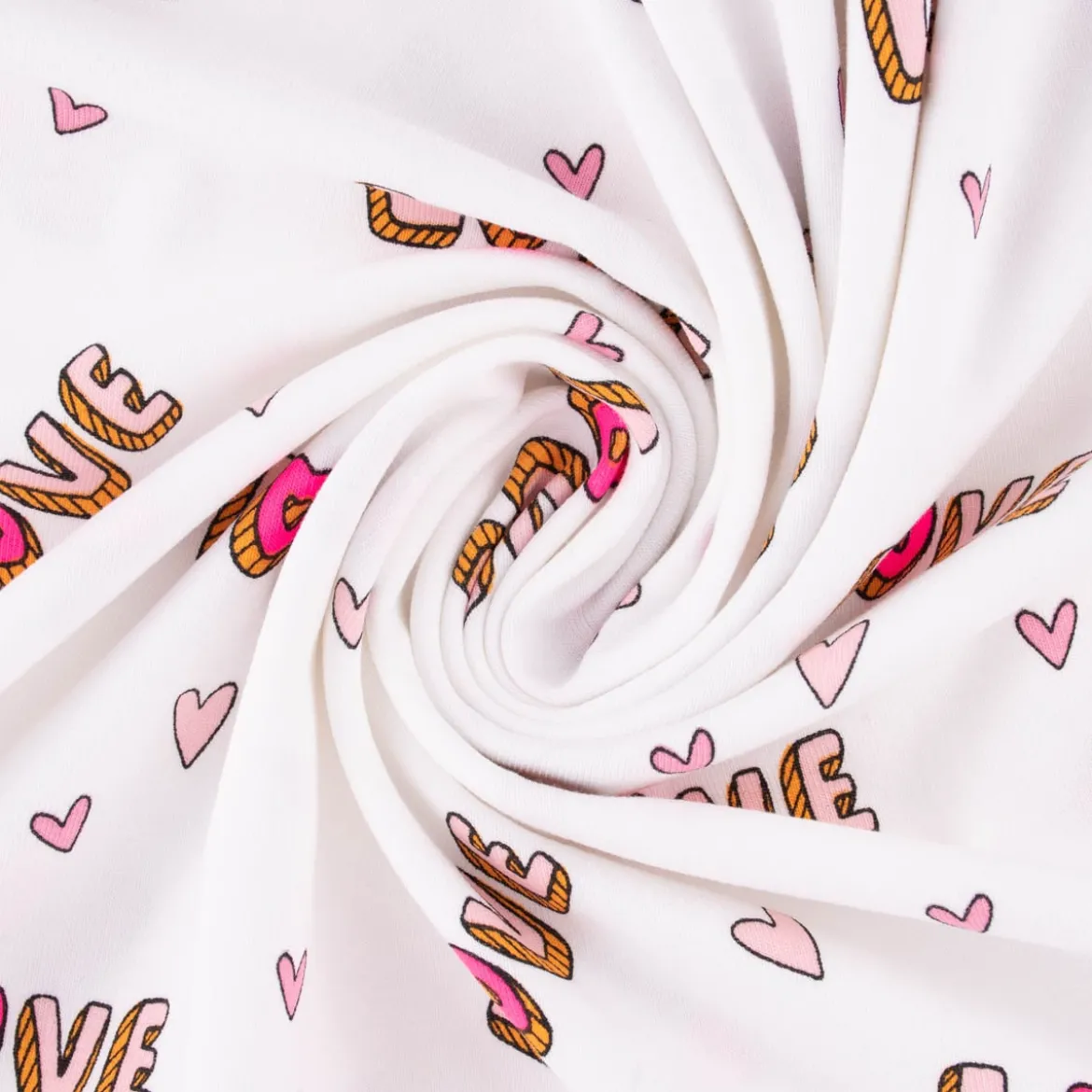 Baumwolljersey Jerseystoff NEON LOVE Schrift Herzchen weiß rosa pink 148cm Breite