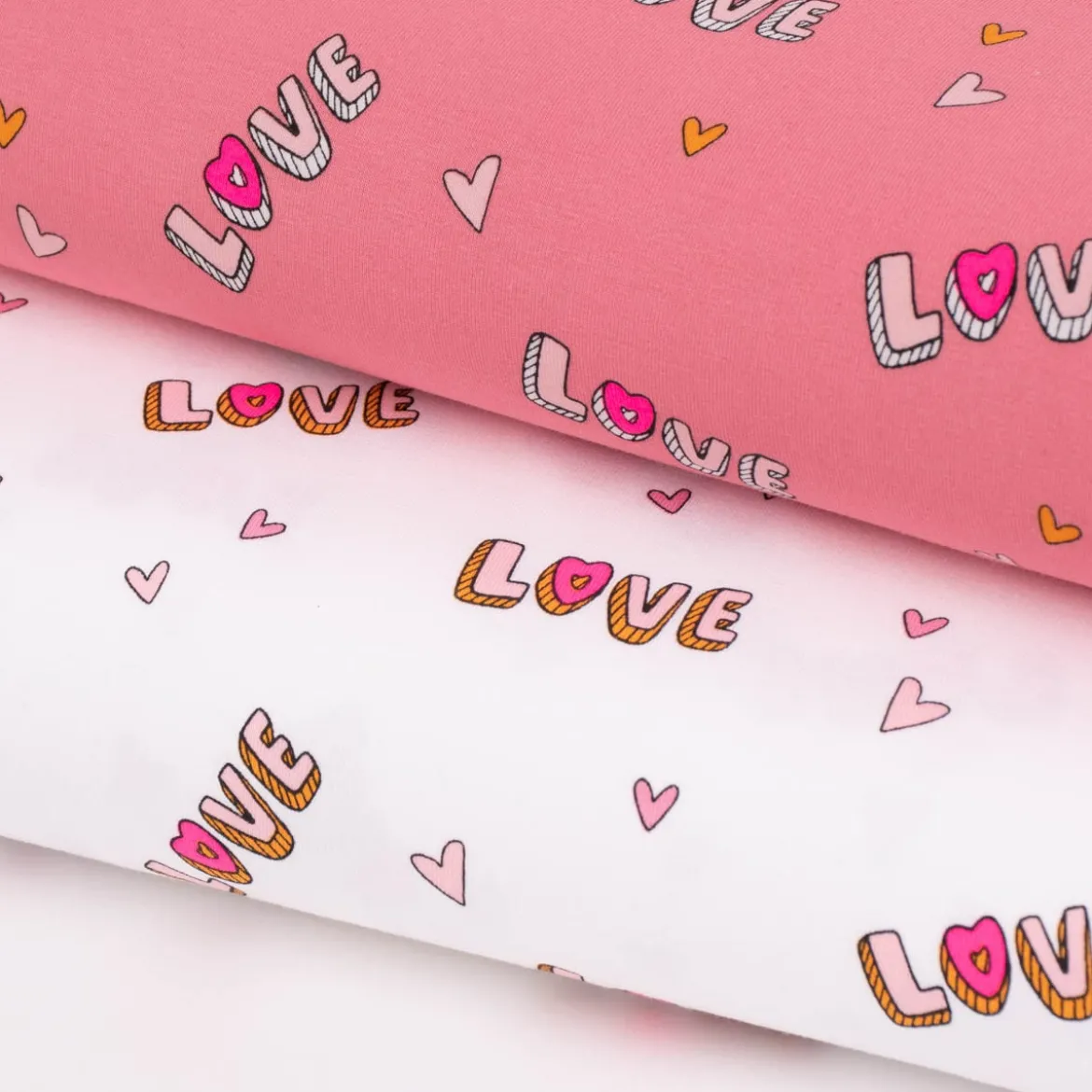 Baumwolljersey Jerseystoff NEON LOVE Schrift Herzchen weiß rosa pink 148cm Breite