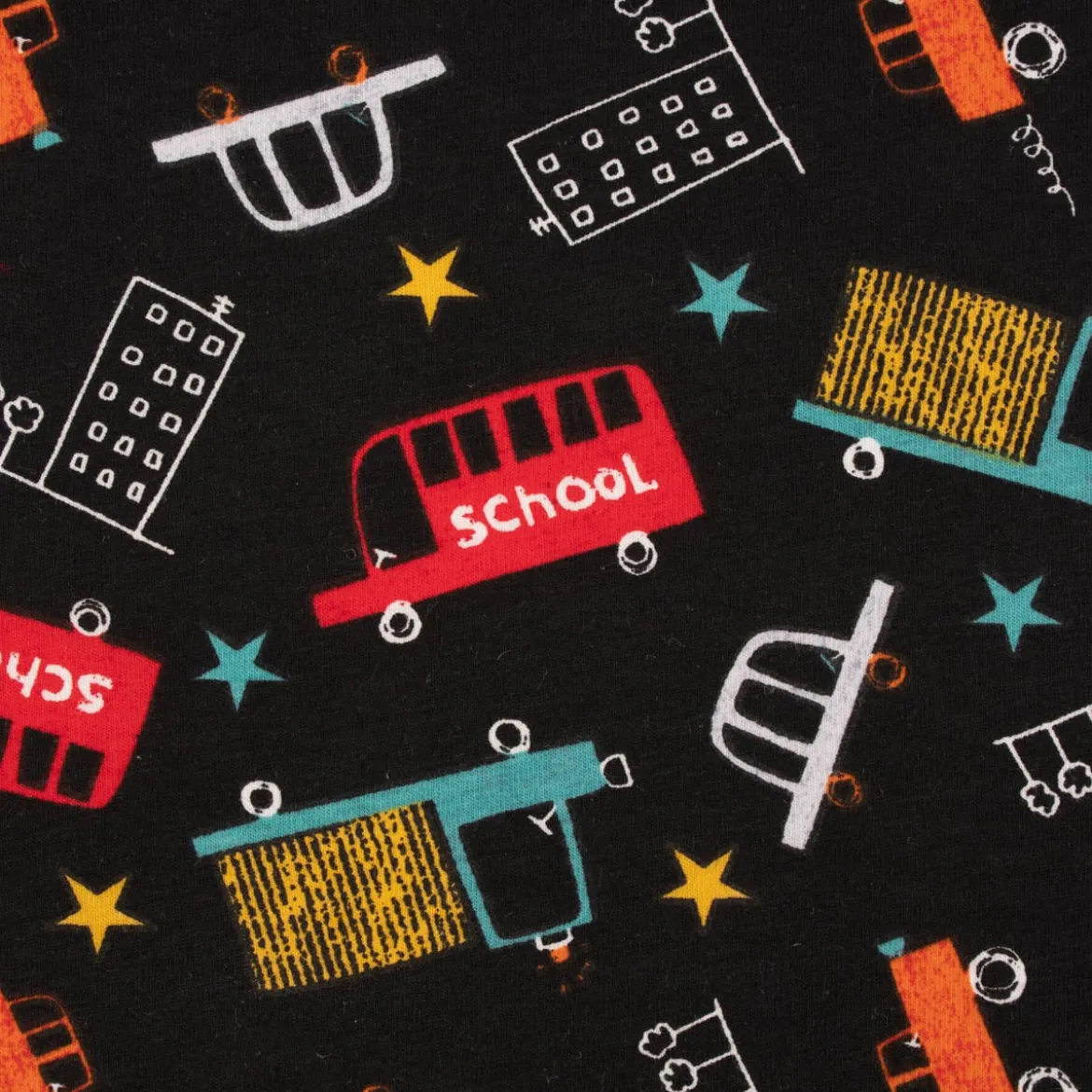 Baumwolljersey Jerseystoff Schoolbus Fahrzeuge Autos Laster Sterne schwarz bunt 1,65m Breite