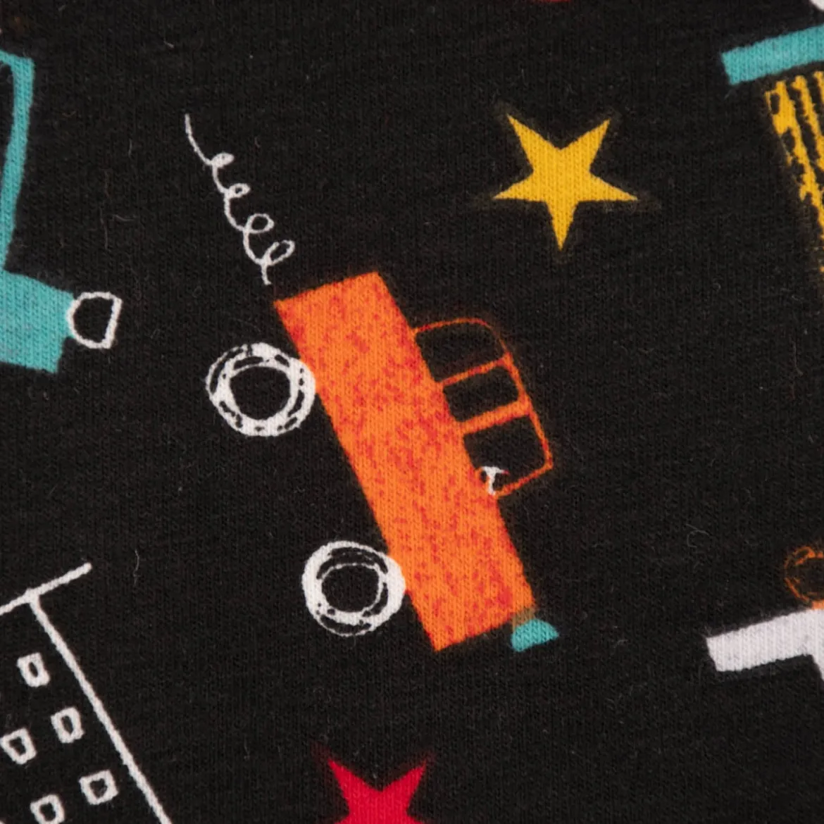 Baumwolljersey Jerseystoff Schoolbus Fahrzeuge Autos Laster Sterne schwarz bunt 1,65m Breite