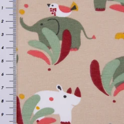 Baumwolljersey Jersey SUNDARA Elefant Nashorn Vogel hellbraun bunt 1,5m Breite