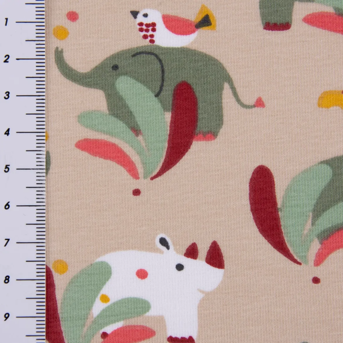 Baumwolljersey Jersey SUNDARA Elefant Nashorn Vogel hellbraun bunt 1,5m Breite
