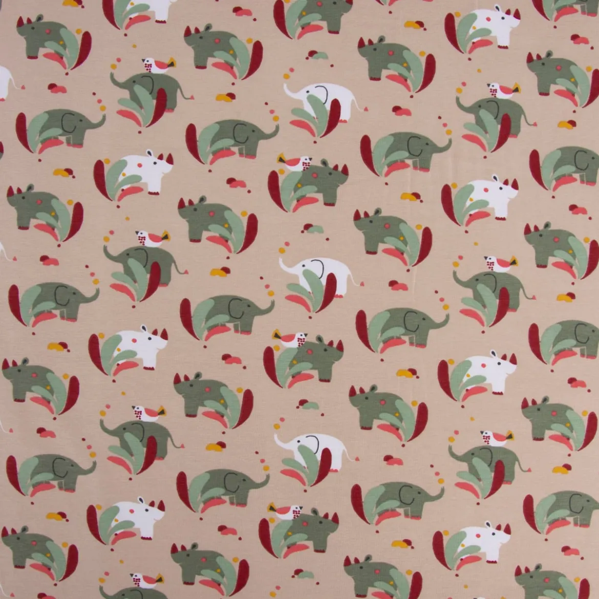 Baumwolljersey Jersey SUNDARA Elefant Nashorn Vogel hellbraun bunt 1,5m Breite