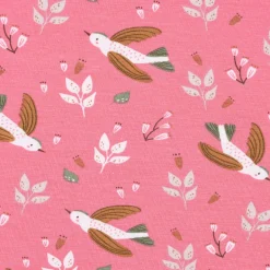 Baumwolljersey Jersey ZOILO Vögel Zweige Blätter rosa weiß braun grün 1,5m Breite