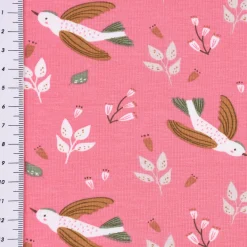 Baumwolljersey Jersey ZOILO Vögel Zweige Blätter rosa weiß braun grün 1,5m Breite