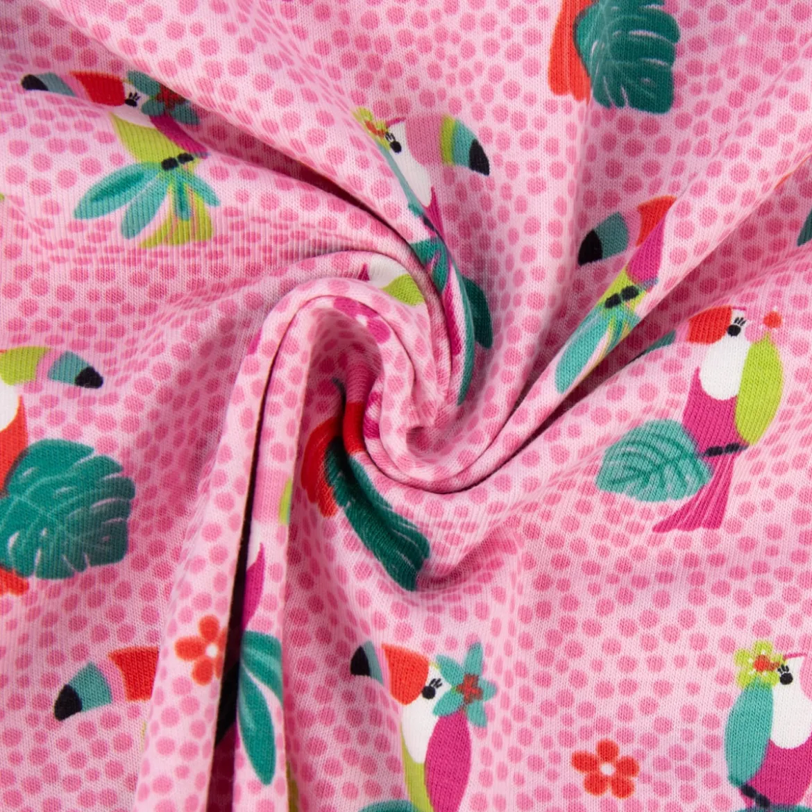 Baumwolljersey Tukan Punkte Palmenblätter Blüten rosa grün rot weiß 1,5m Breite