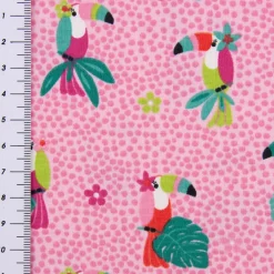 Baumwolljersey Tukan Punkte Palmenblätter Blüten rosa grün rot weiß 1,5m Breite
