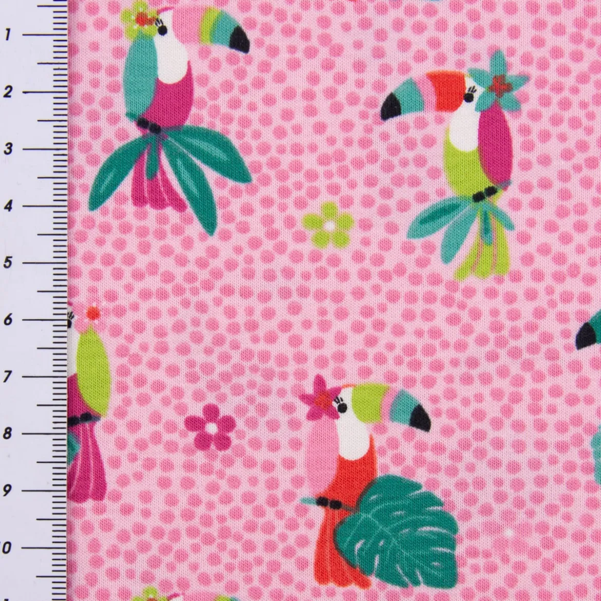 Baumwolljersey Tukan Punkte Palmenblätter Blüten rosa grün rot weiß 1,5m Breite