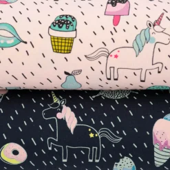 Baumwolljersey UNICORN PARTY Einhorn Eis Pünktchen dunkelblau bunt neongelb 1,5m Breite