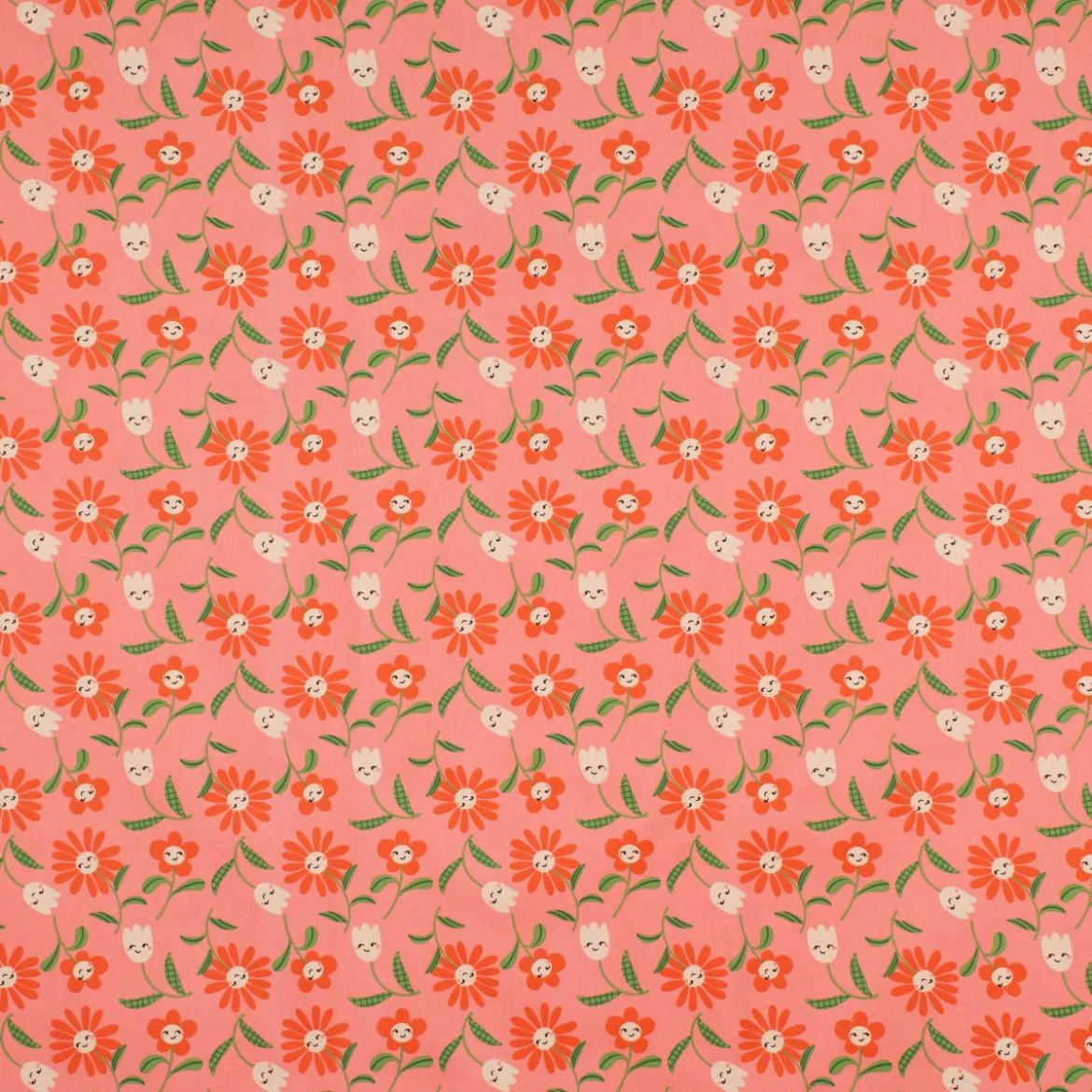 Baumwollstoff beschichtet Tischdeckenstoff Enduit Blumen mit fröhlichen Gesichtern rosa 1,45m Breite