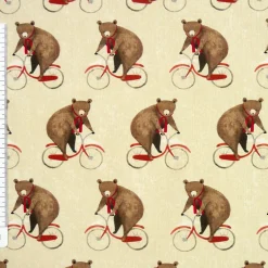Baumwollstoff Bettwäschestoff Percale Leinwandbindung Bär auf Fahrrad beige braun rot 1,4m Breite