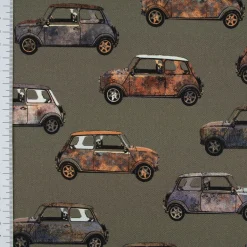 Baumwollstoff Canvas Digital Cars Army Green Retro Autos khakigrün braun 1,40m Breite