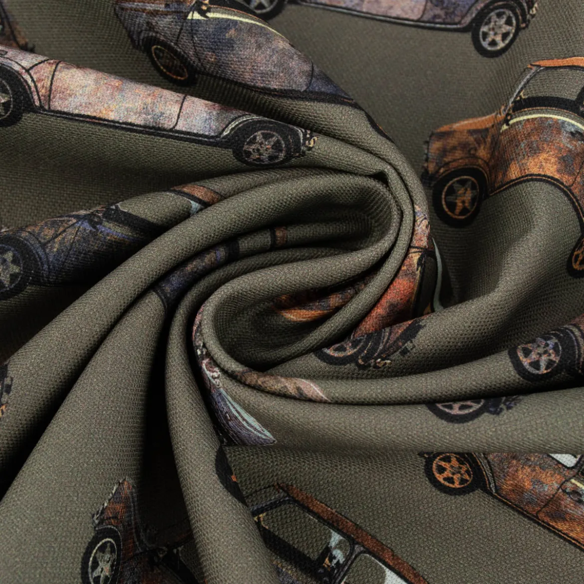 Baumwollstoff Canvas Digital Cars Army Green Retro Autos khakigrün braun 1,40m Breite