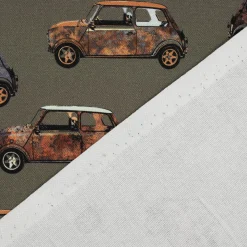 Baumwollstoff Canvas Digital Cars Army Green Retro Autos khakigrün braun 1,40m Breite