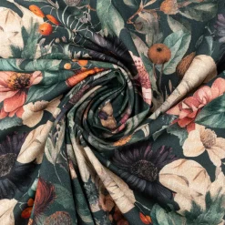 Baumwollstoff Canvas Stoff Vorhangstoff Digitaldruck Vintage Blumen dunkelgrün 1,40m Breite