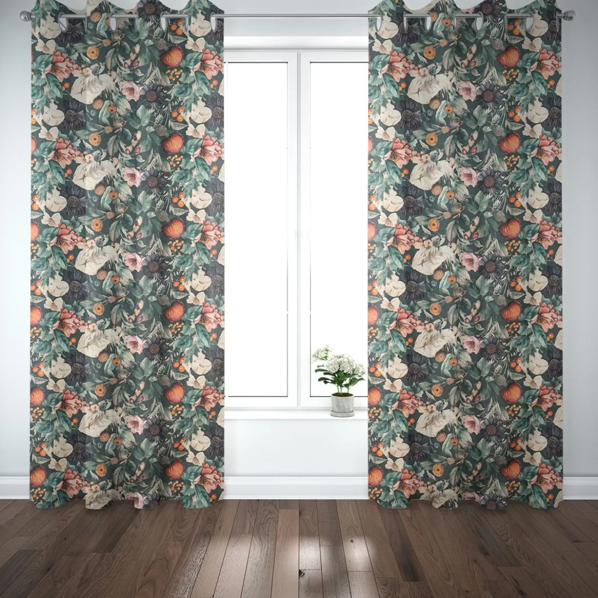 Baumwollstoff Canvas Stoff Vorhangstoff Digitaldruck Vintage Blumen dunkelgrün 1,40m Breite
