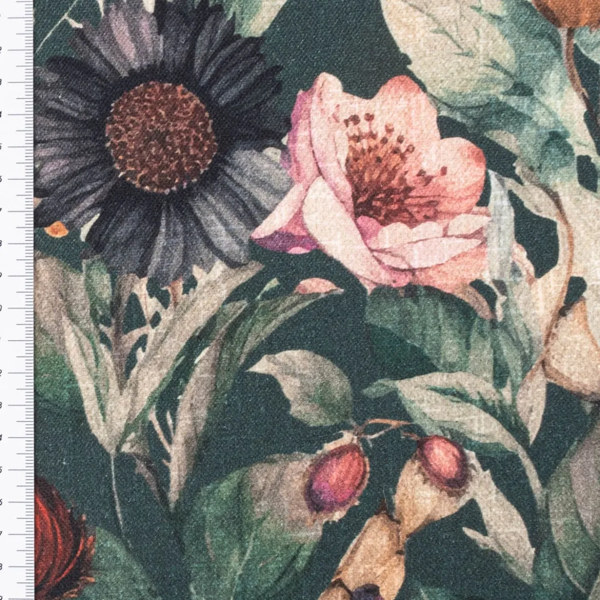 Baumwollstoff Canvas Stoff Vorhangstoff Digitaldruck Vintage Blumen dunkelgrün 1,40m Breite