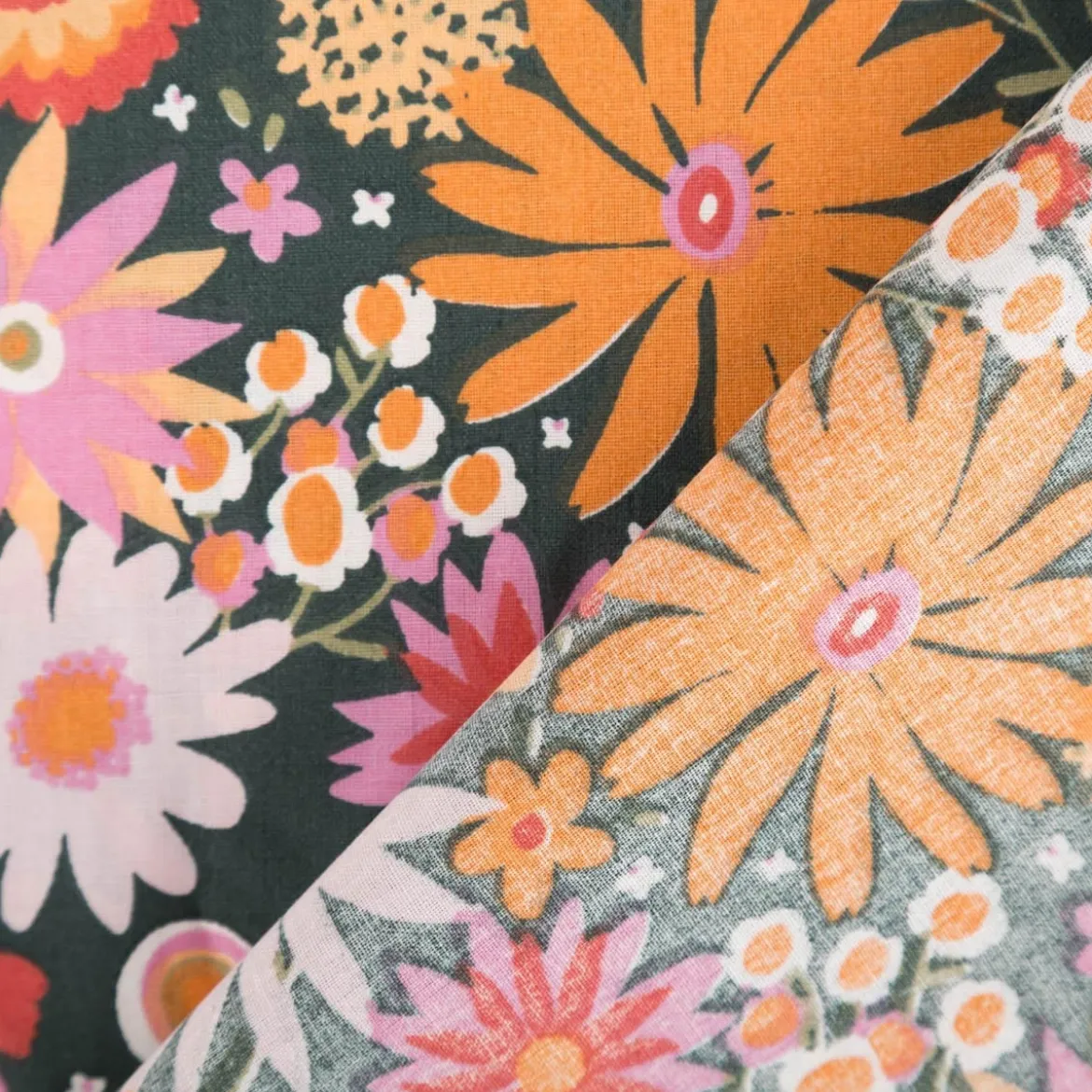 Baumwollstoff Childhood Blumen grün, orange 1,47m Breite