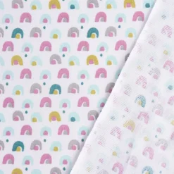 Baumwollstoff COBONI Regenbogen Hügel weiß lila grau türkis grün 1,5m Breite