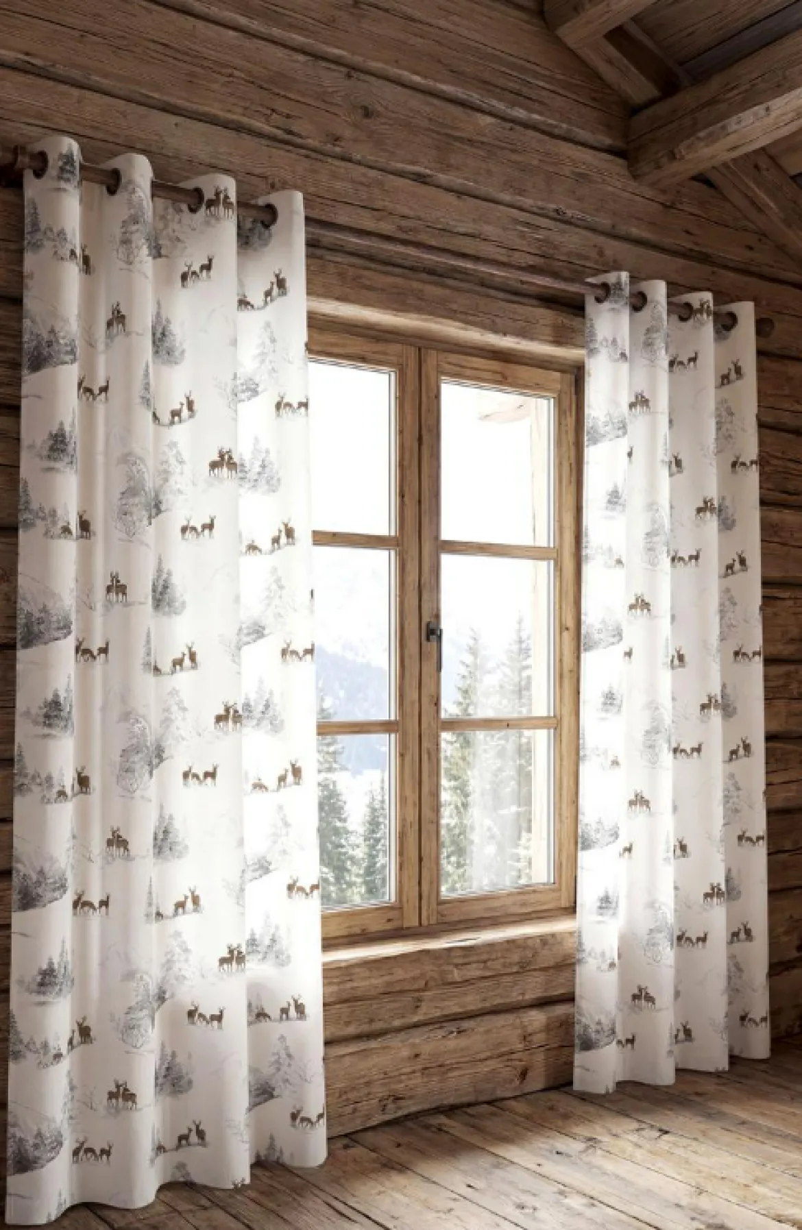 Baumwollstoff Dekostoff Halbpanama Hirsche Winterlandschaft ecru braun grau 150 cm