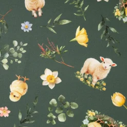 Baumwollstoff Dekostoff Ostern Digitaldruck Bohemian Easter Mood Küken Lamm grün 1,4m Breite