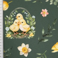 Baumwollstoff Dekostoff Ostern Digitaldruck Bohemian Easter Mood Küken Lamm grün 1,4m Breite