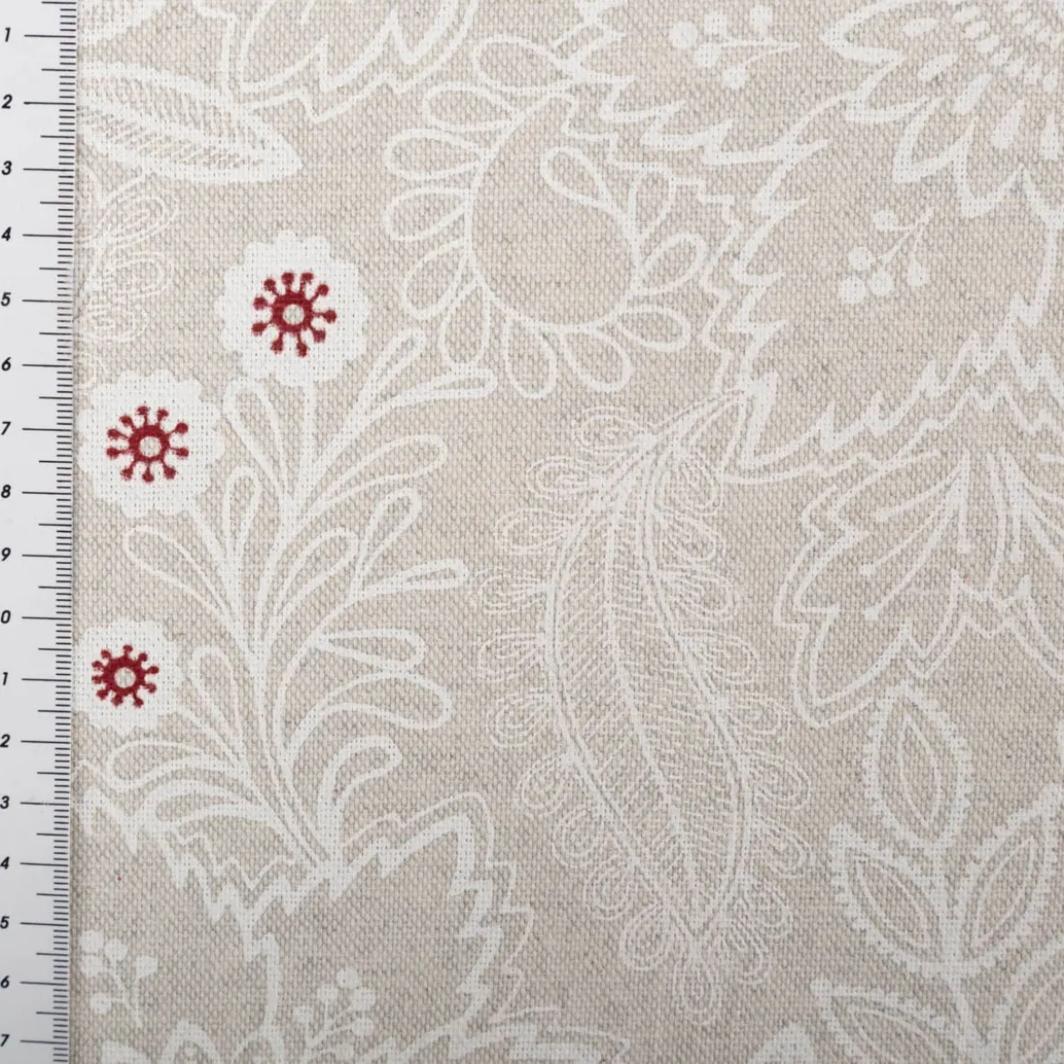 Baumwollstoff Dekostoff polsterfähig Allover Blumenornamente natur weiß rot 155cm Breite