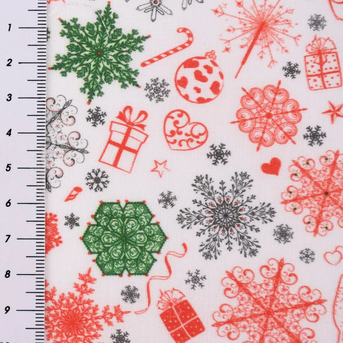 Baumwollstoff Digitaldruck Christmas Eiskristall Herz Geschenk weiß rot grün 1,50m Breite
