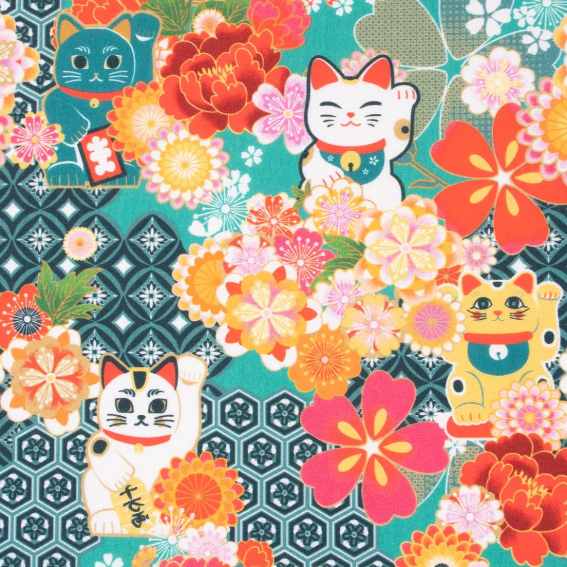 Baumwollstoff Digitaldruck MIYUKI Winkekatze Blumen türkis bunt 1,5m Breite