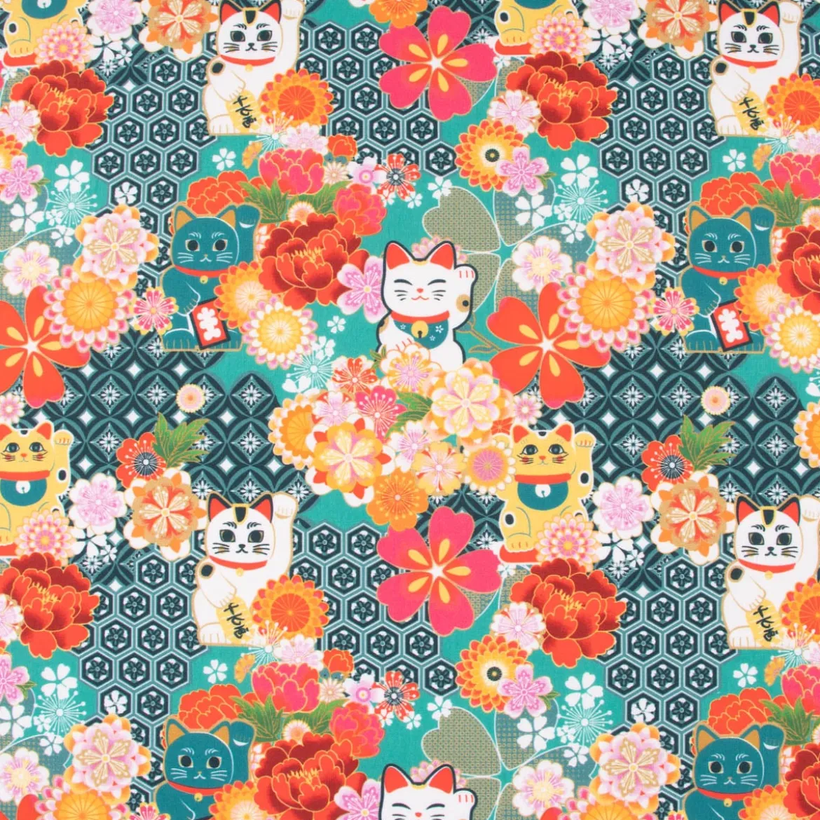 Baumwollstoff Digitaldruck MIYUKI Winkekatze Blumen türkis bunt 1,5m Breite